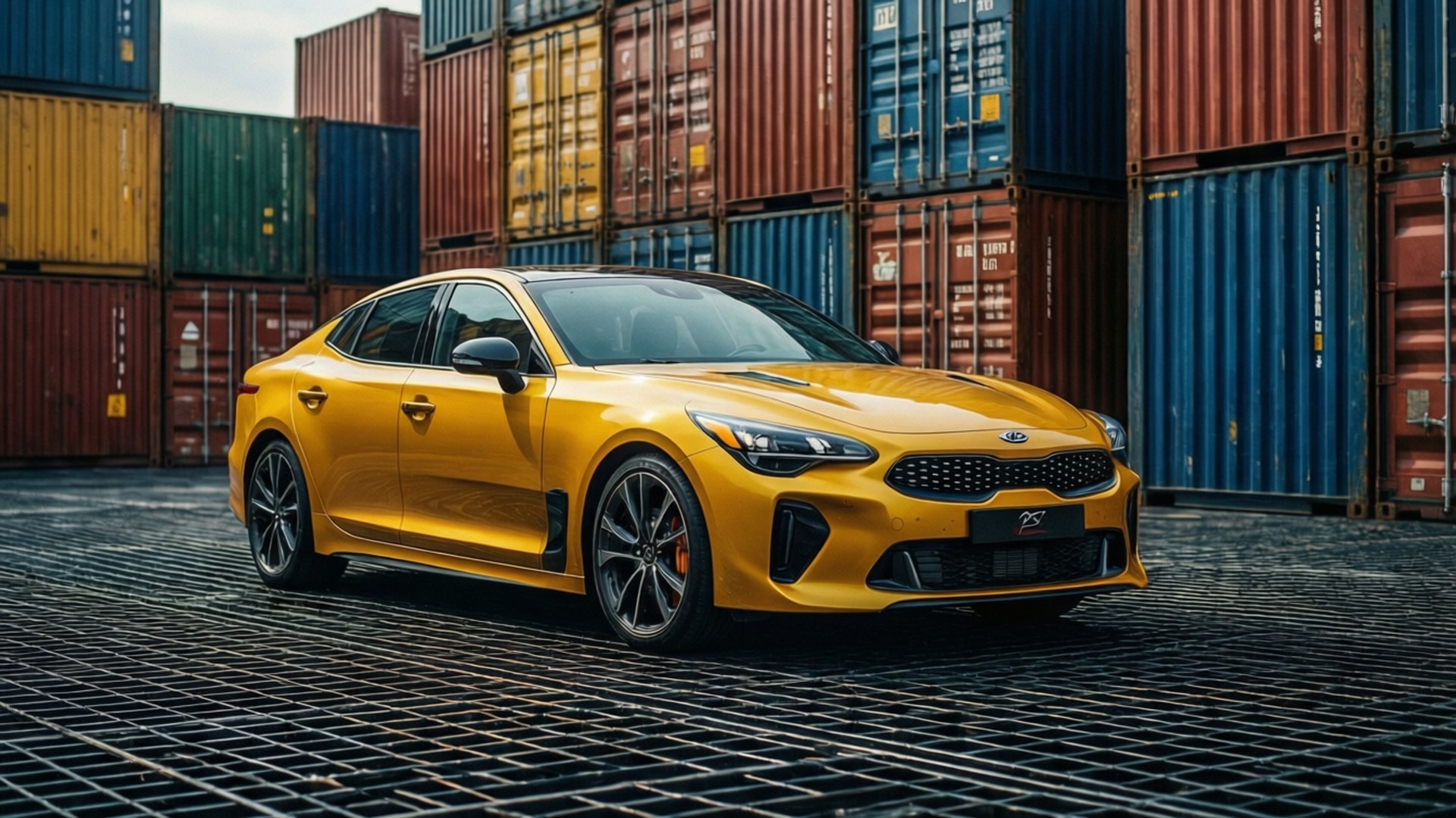 Stinger Industrial 壁紙 — 一輛鮮黃色的Kia Stinger GT停放在金屬網格地板上，背後堆疊著色彩繽紛的貨運貨櫃。