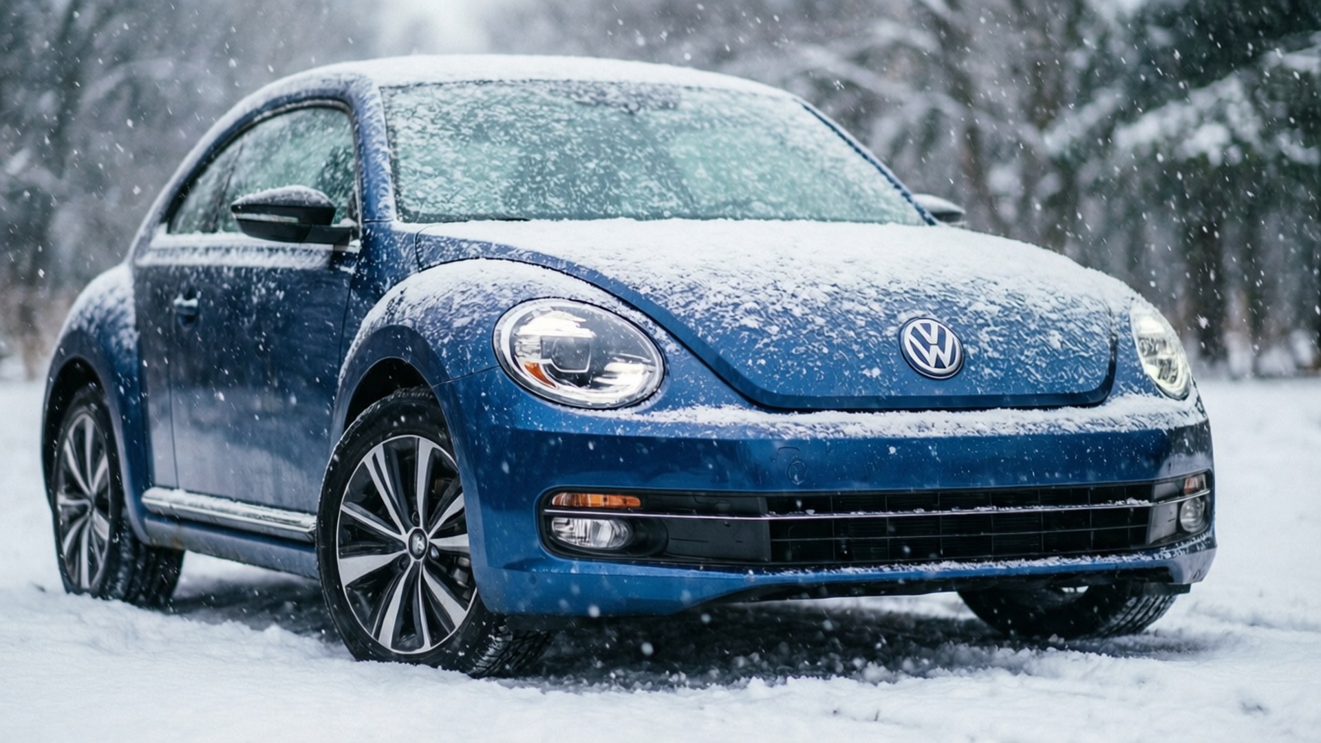 Snowy Beetle Serenity 壁紙 — 一輛鮮藍色的福斯金龜車被新雪覆蓋，停在雪中的森林裡，細雪飄落。