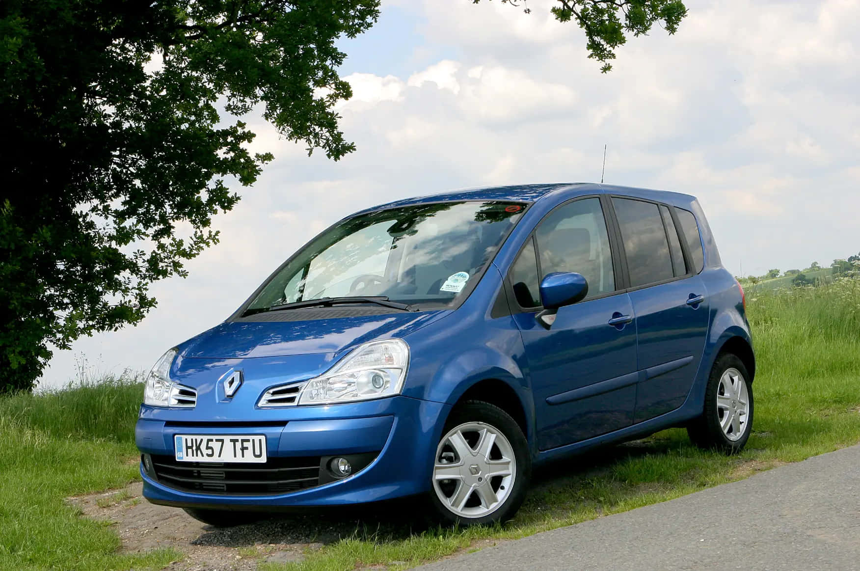 Renault Modus 桌布 壁紙 — 一輛鮮藍色的雷諾 Grand Scenic 停放在部分多雲的天空下，有茂密樹木覆蓋的草地上。