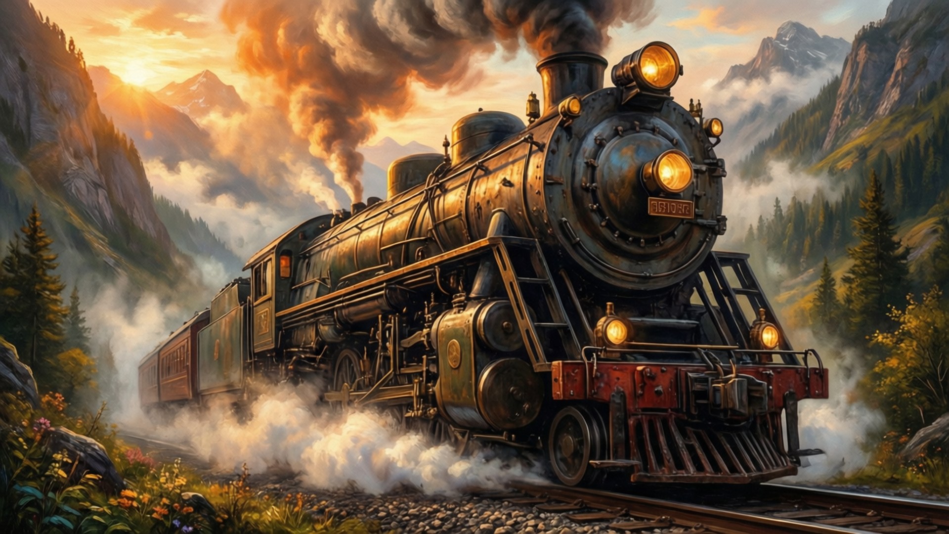 Railway 桌布 壁紙 — 一輛雄偉的蒸汽火車在日落時分穿過山谷，伴隨著金色的光芒和滾滾的煙霧。