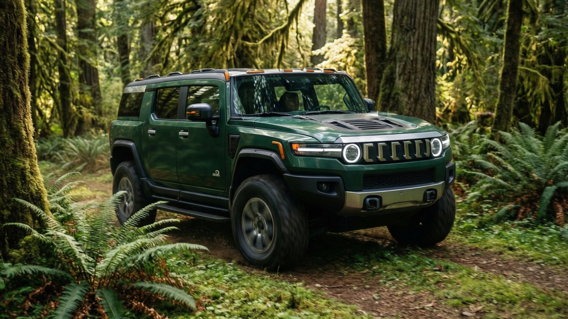 Forest Trail Hummer EV 壁紙 — 一輛啞光綠色的Hummer EV SUV停泊在長滿苔蘚的森林小徑上，周圍是高聳的樹木和蕨類植物。