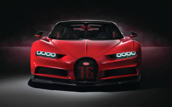紅色Bugatti Chiron Super Sport 2020，帶有發光的頭燈和「16」標誌，在黑暗的攝影棚中。 — 跑車 壁紙