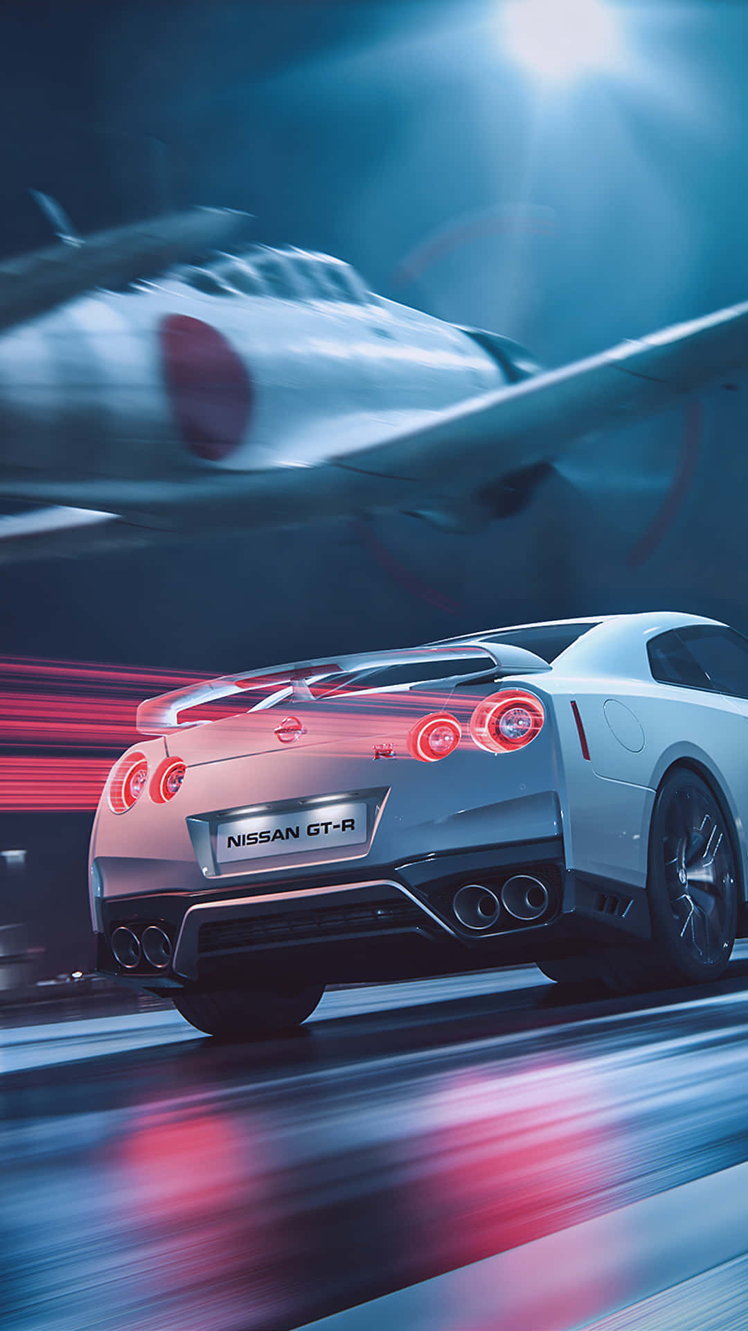 銀色日產GT-R在藍色燈光下與背景中的復古飛機一起飛馳。 — 吉他 iPhone 壁紙