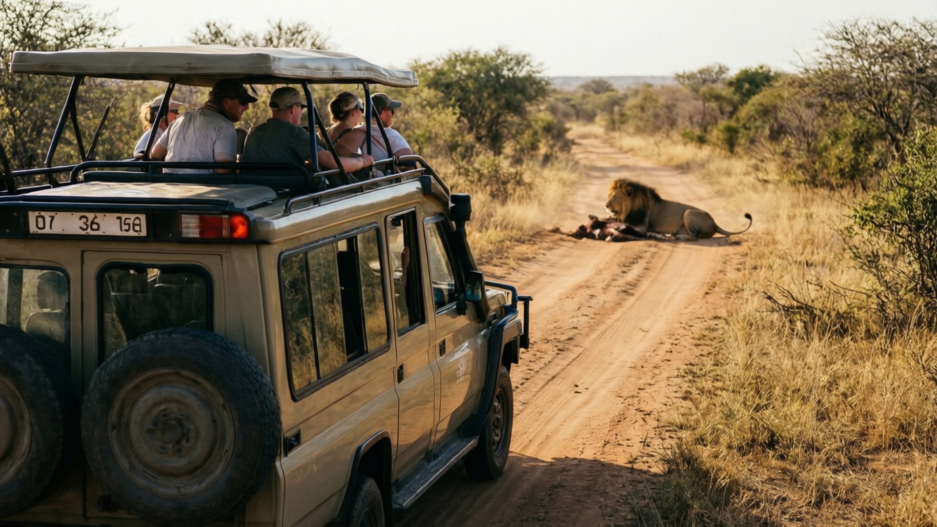 Safari Encounter 壁紙 — 一輛載滿遊客的野生動物園吉普車停下來，觀看一頭雄獅在金色稀樹草原的塵土飛揚的道路旁進食獵物。