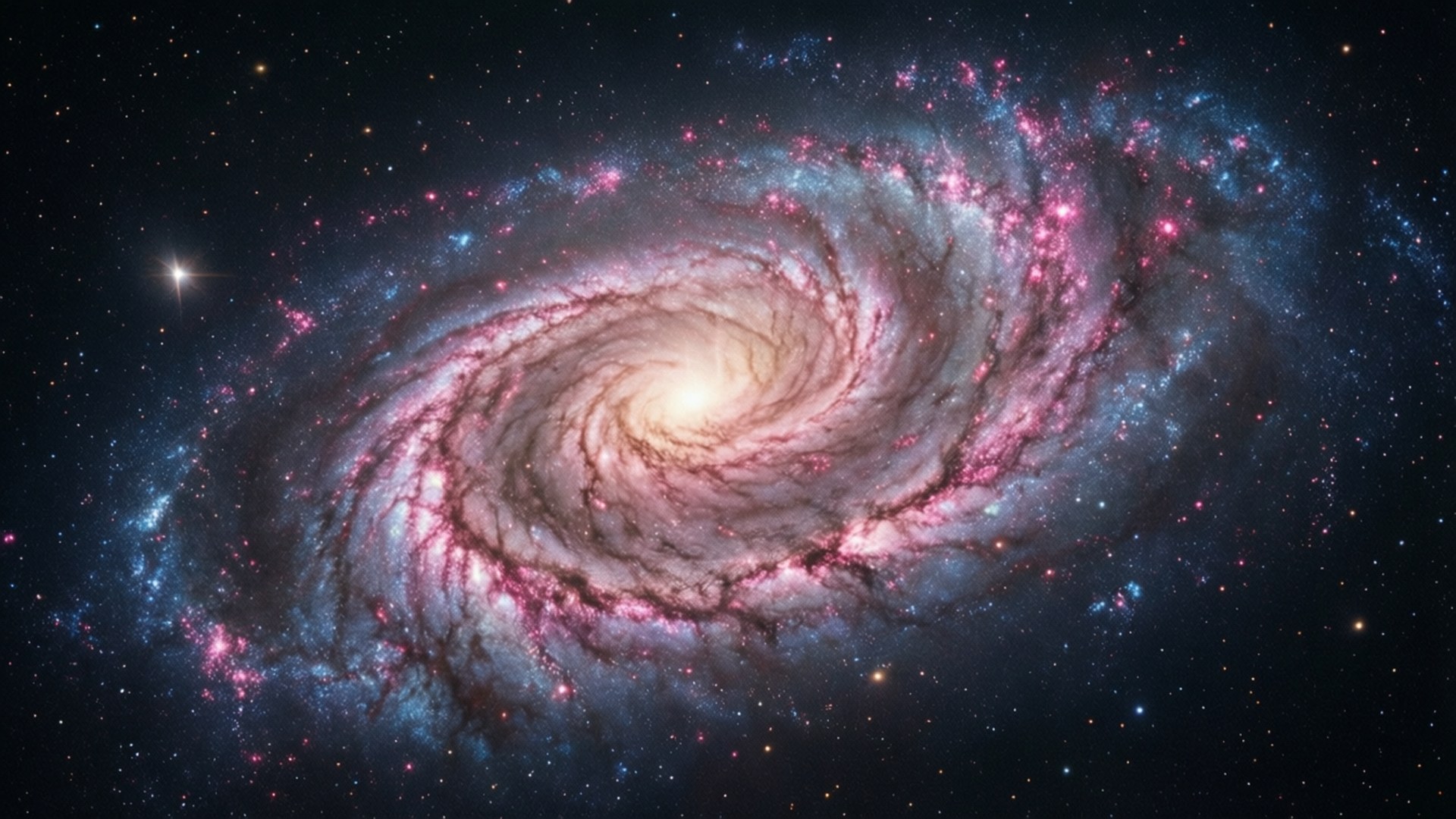 NASA 動態圖片 桌布 壁紙 — 一個令人嘆為觀止的螺旋星系，在佈滿星空的宇宙背景下，旋轉著粉紅色和藍色的星雲。