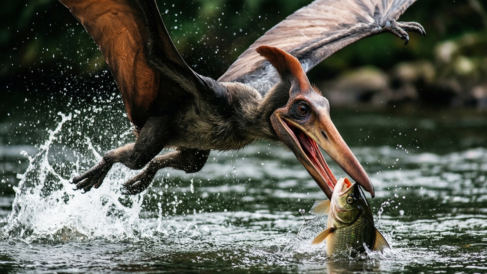 pterodactyl 桌布 壁紙 — 翼龍用長喙捕捉魚類，戲劇性地濺起水花潛入水中。