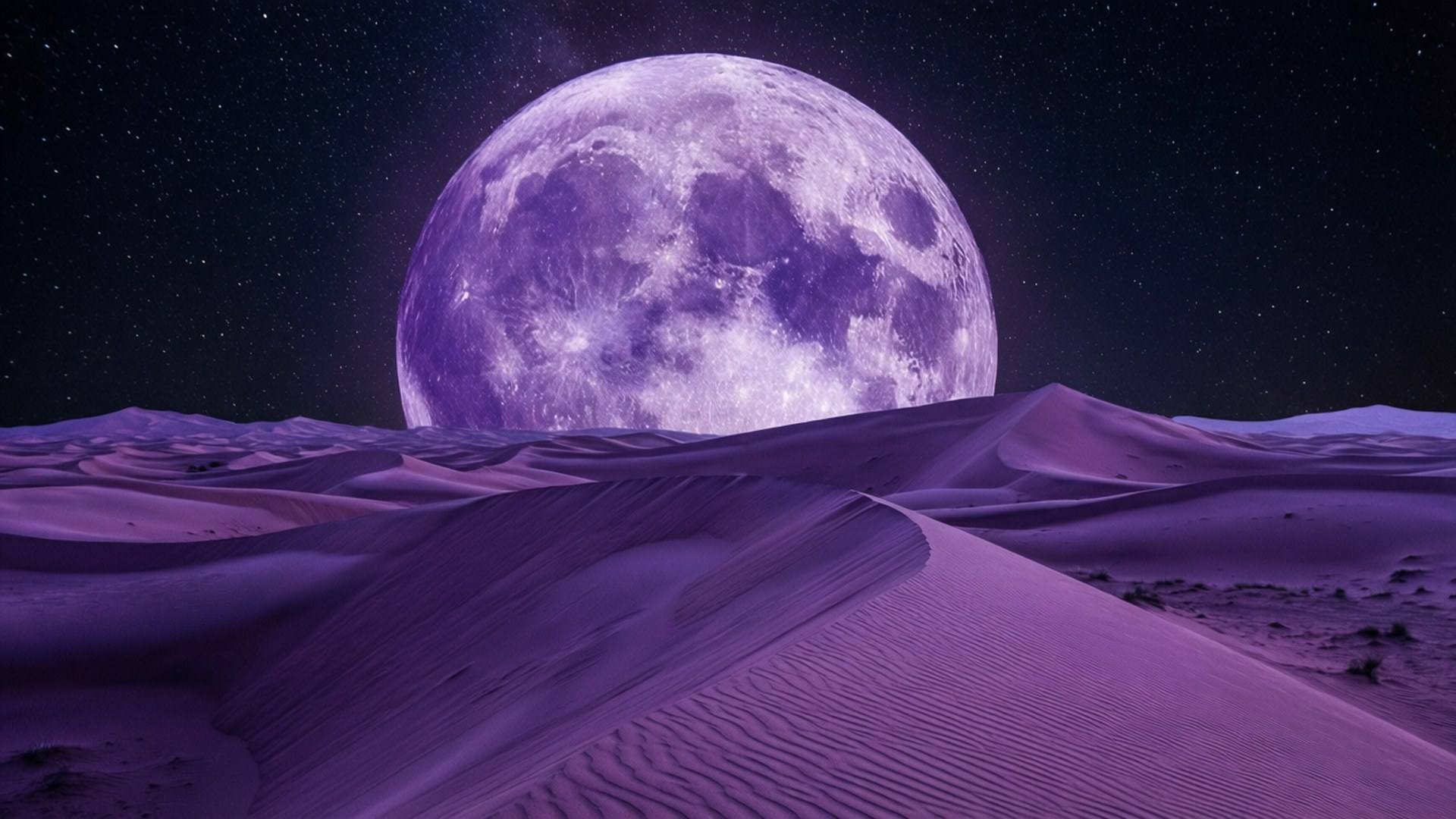 Violet Desert Dunes 壁紙 — 一輪巨大的紫色月亮在星夜下升起於起伏的沙丘之上。