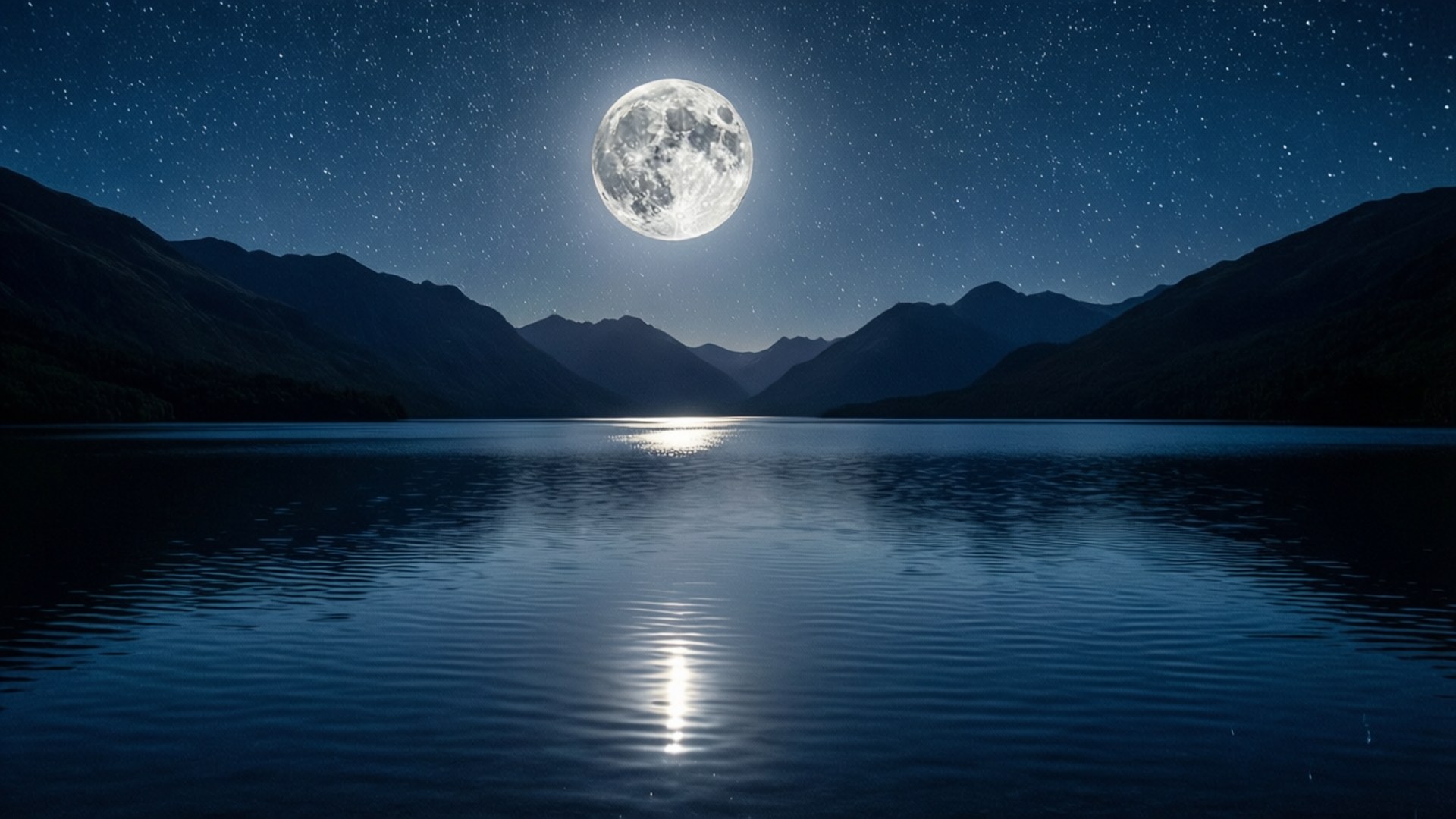 Moonlit Mountain Lake 壁紙 — 一輪滿月在繁星點點的夜空中閃耀，倒映在黑暗山脈環繞的平靜湖面上。