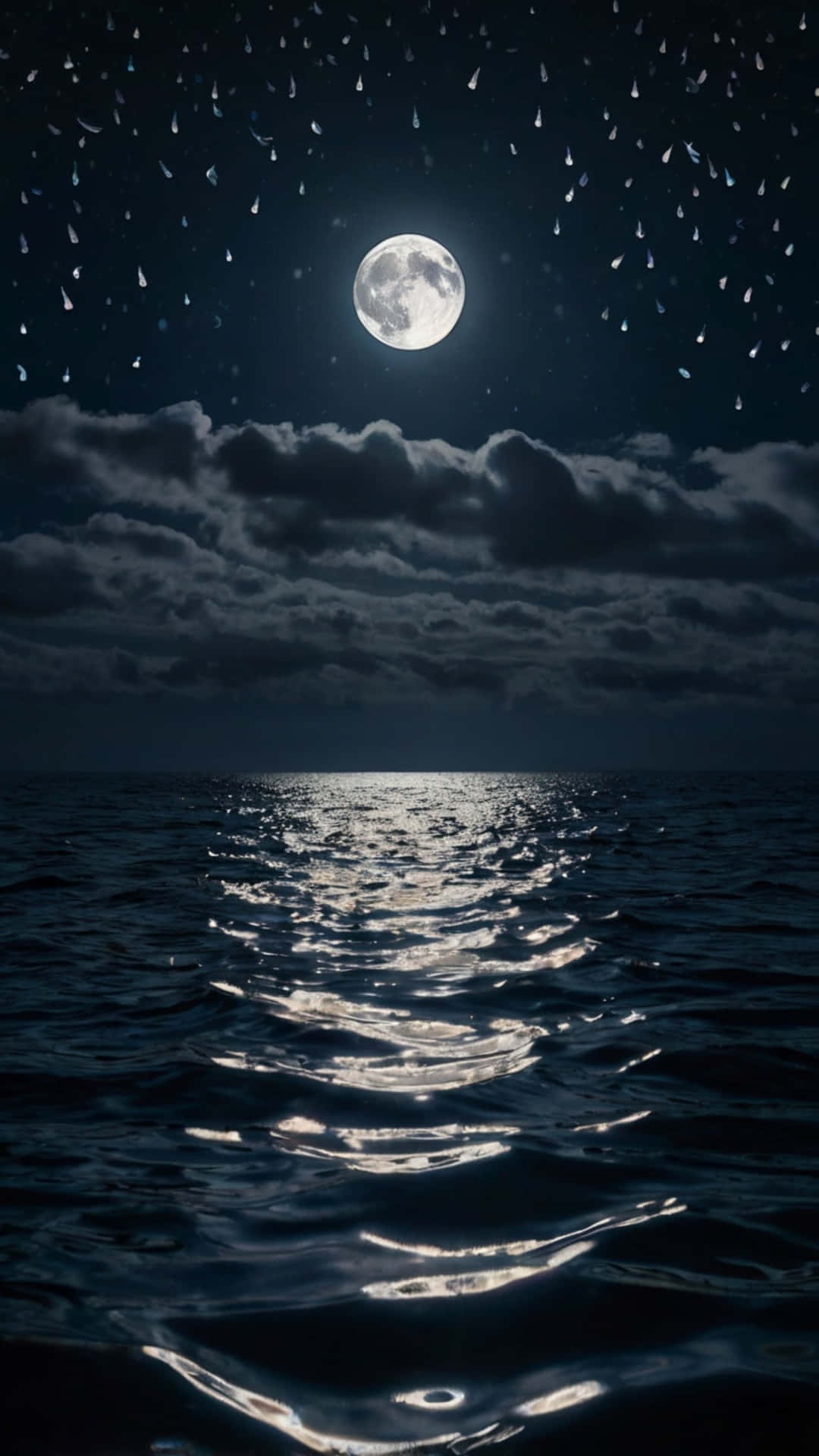 滿月照耀在黑暗的海洋上，雨水穿過雲層落下