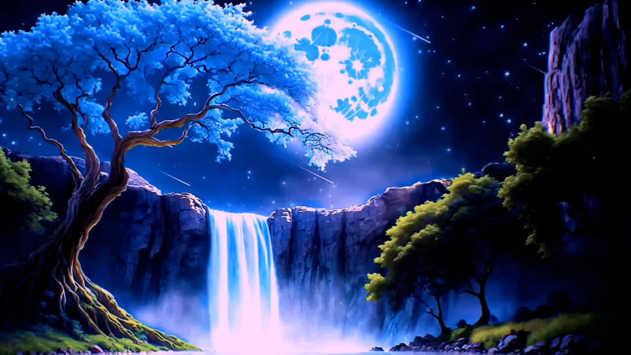  壁紙 — 一輪明亮的藍月照亮了由雄偉樹木和星空夜空框起的層疊瀑布。