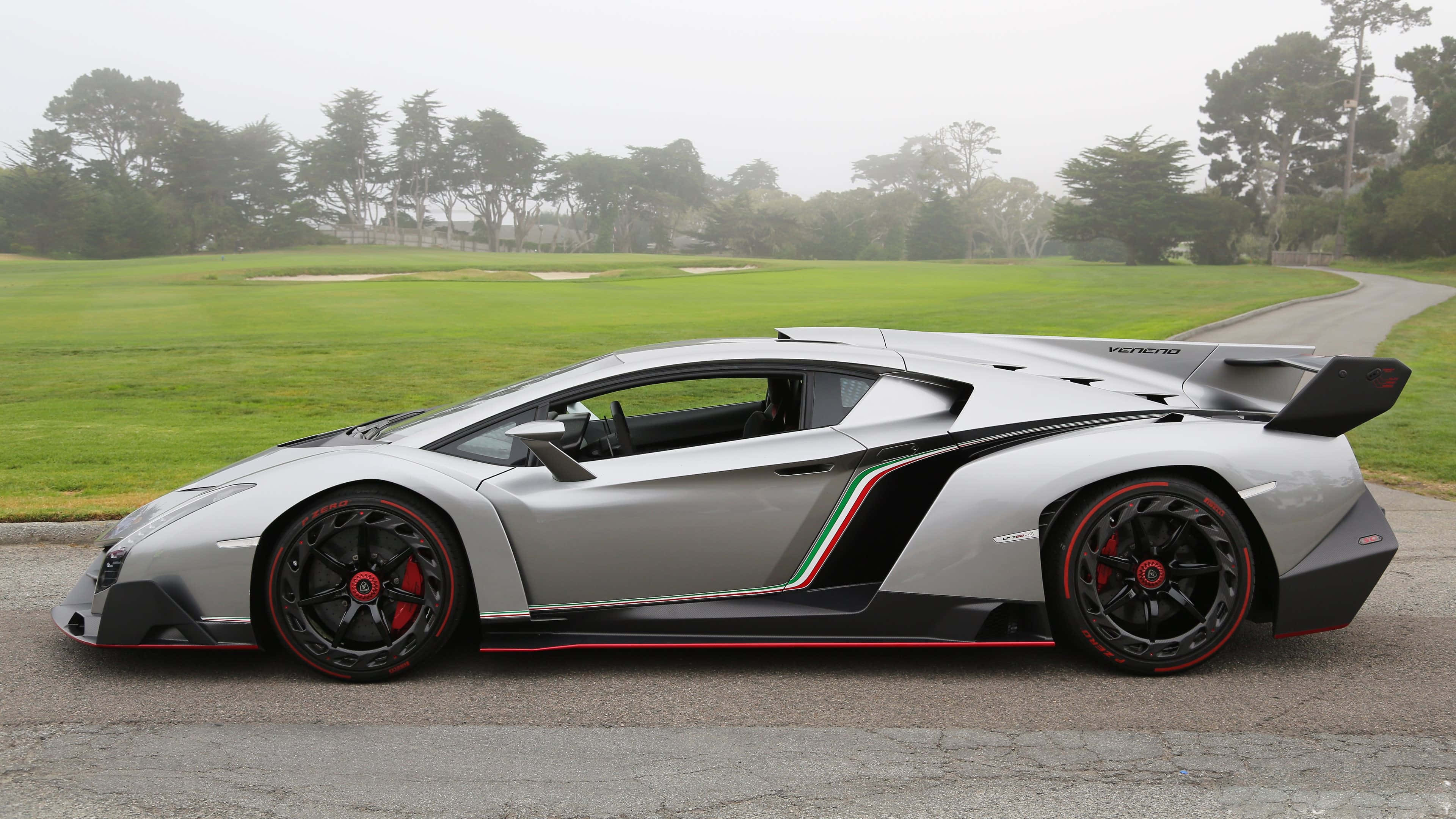 Lamborghini Veneno 桌布 壁紙 — 一輛帶有紅色點綴的銀色藍寶堅尼Veneno停泊在霧氣瀰漫的高爾夫球場道路上，旁邊是翠綠的球道。