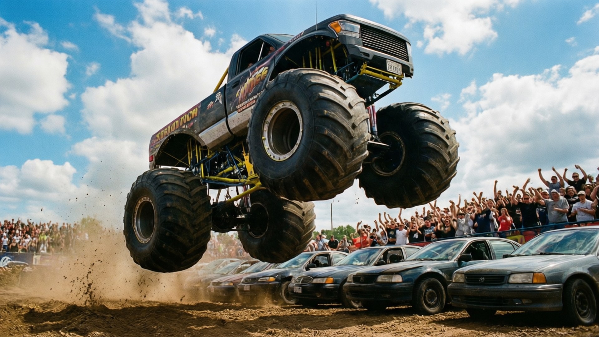Monster Truck Jump 壁紙 — 一輛黑色怪獸卡車配黃色懸吊系統，在明亮的藍天白雲下飛越一排被壓碎的汽車。