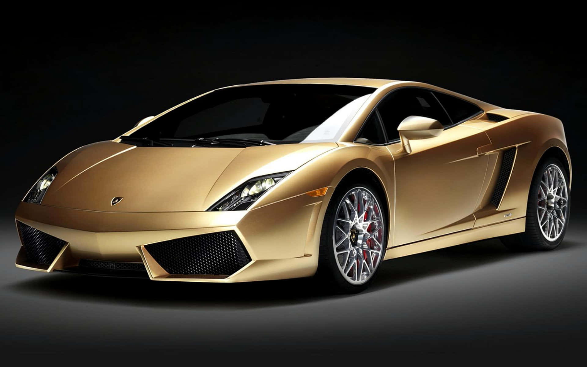 Lamborghini Gallardo 桌布 壁紙 — 一輛閃亮的金色藍寶堅尼Gallardo跑車，配備紅色煞車卡鉗，在深色工作室背景下展示。