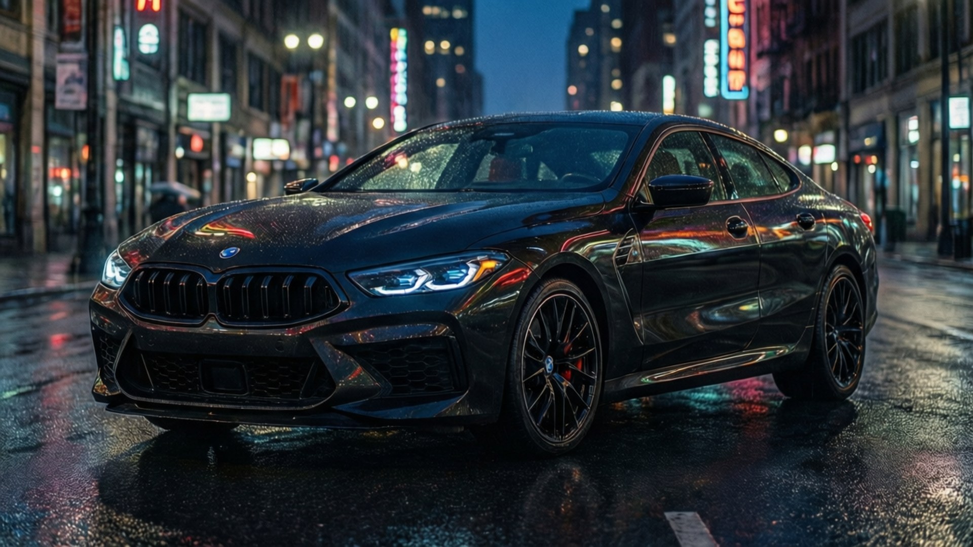 Night Glide in the City 壁紙 — 一輛時尚的黑色BMW M8 Coupe在夜間濕漉漉的城市街道上，在霓虹燈下閃閃發光。