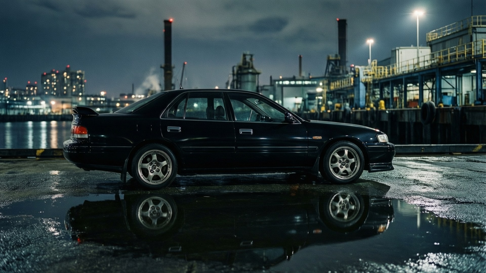 黑色轎車停在濕漉漉的路面上，反射工業燈光 — Jdm 壁紙