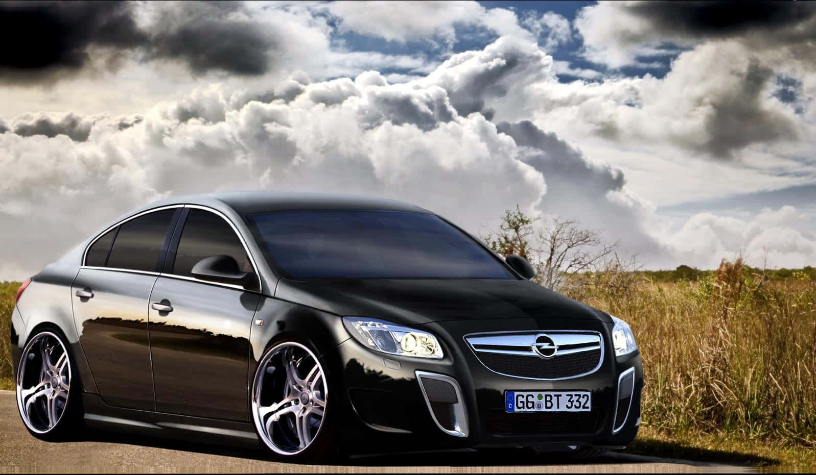 Opel Insignia 桌布 壁紙 — 一輛時尚的黑色歐寶Insignia停靠在路邊，背景是戲劇性的多雲天空和金色草叢。