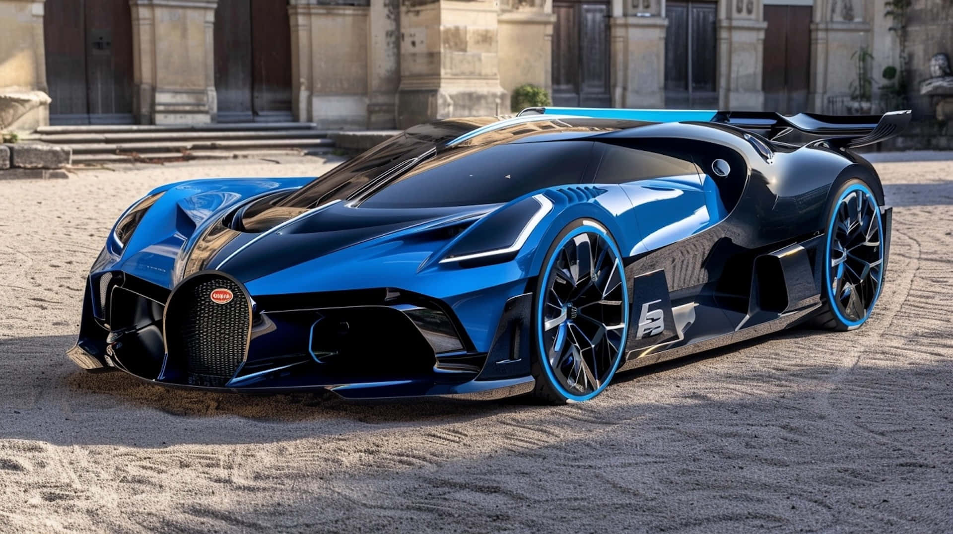 Bugatti Bolide 桌布 壁紙 — 一輛時尚的藍黑Bugatti超跑，帶有發光飾件，停在宏偉石建築前的礫石上。