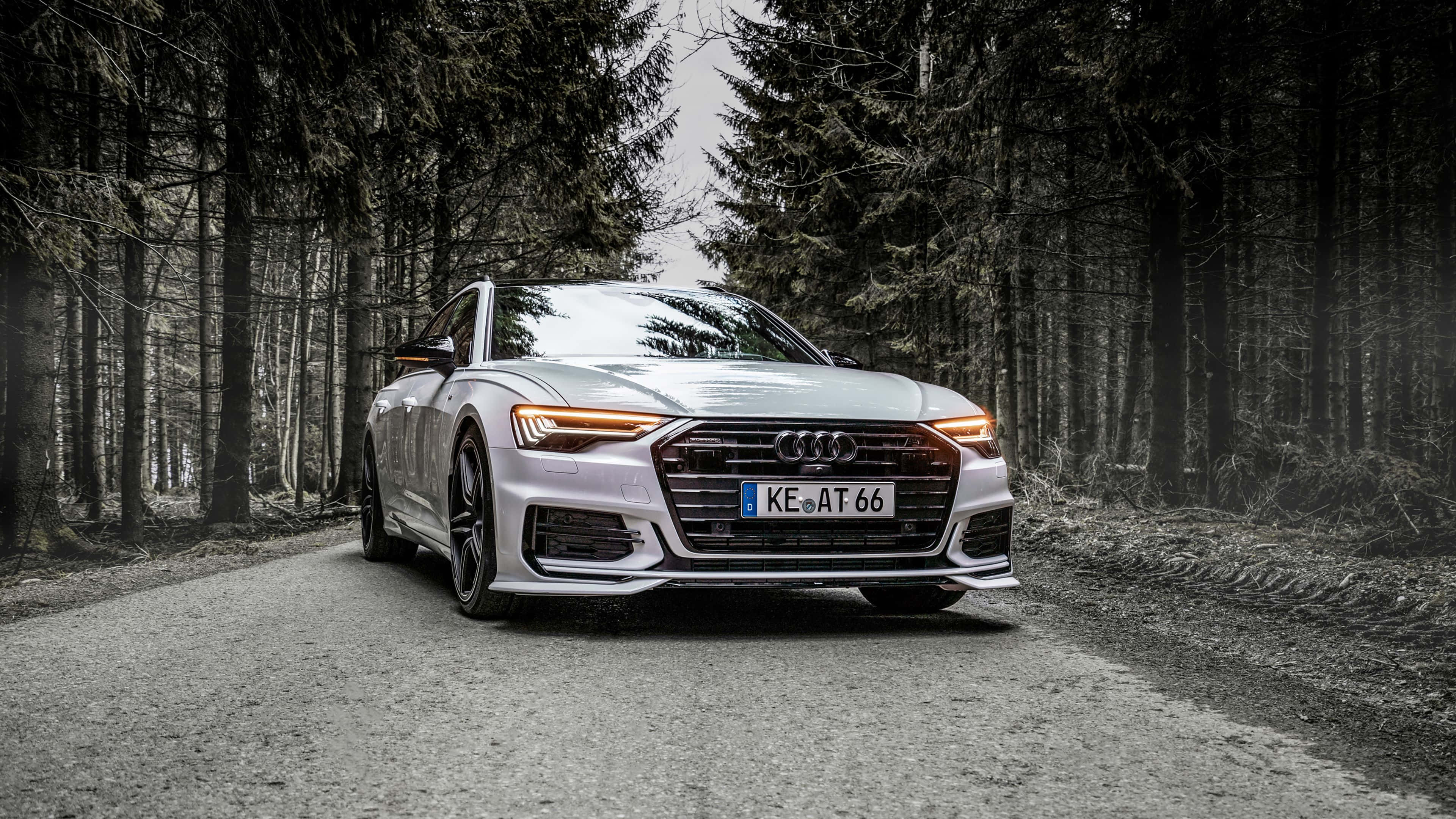 Audi A6 桌布 壁紙 — 一輛時尚的銀色奧迪轎車，車頭燈閃爍，行駛在兩旁高聳常綠樹木的森林碎石路上。
