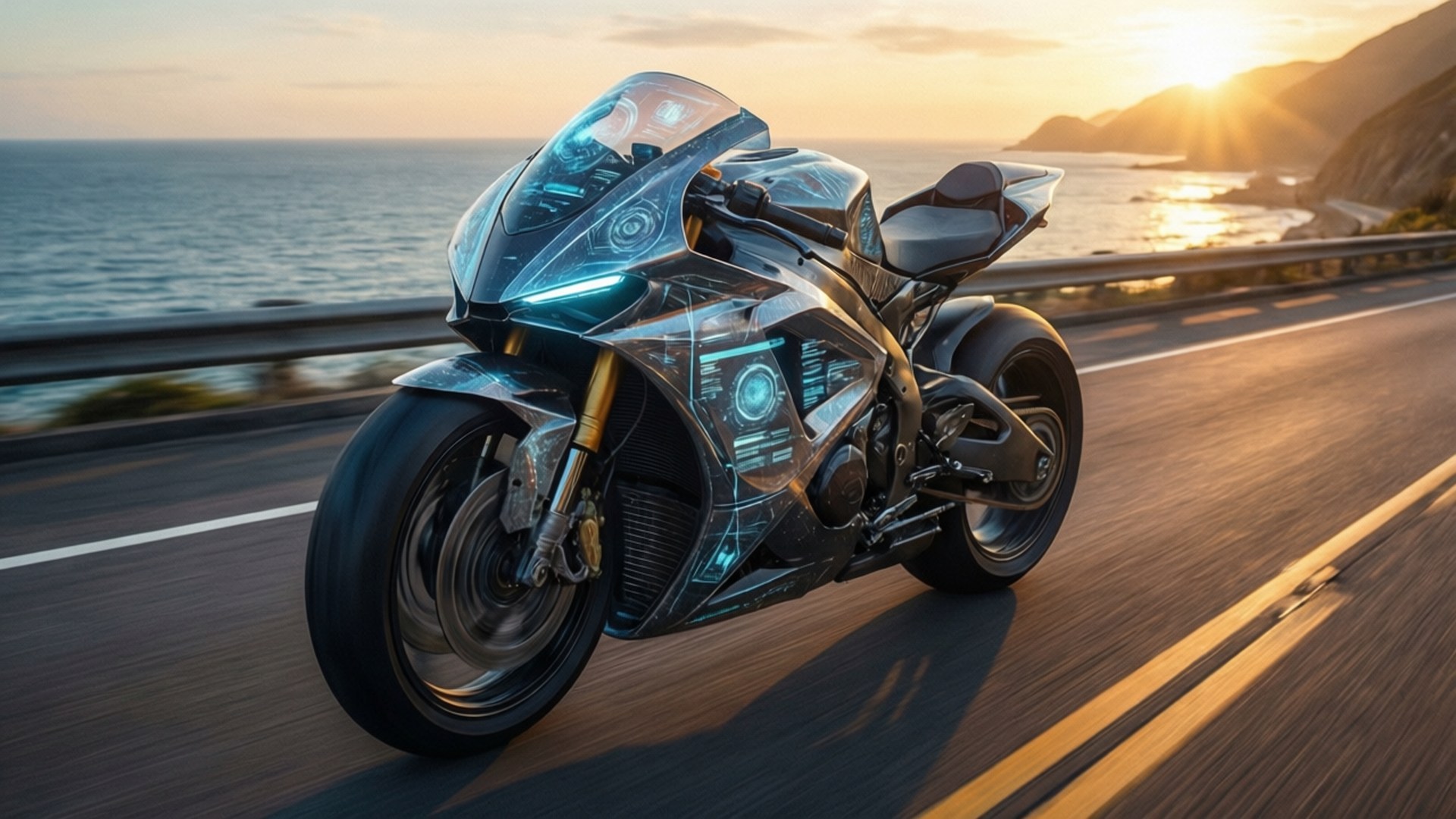 Holographic Motorcycle 壁紙 — 一輛未來風格的銀色機車，帶有發光藍色點綴，在日落時分沿著海岸公路飛馳。