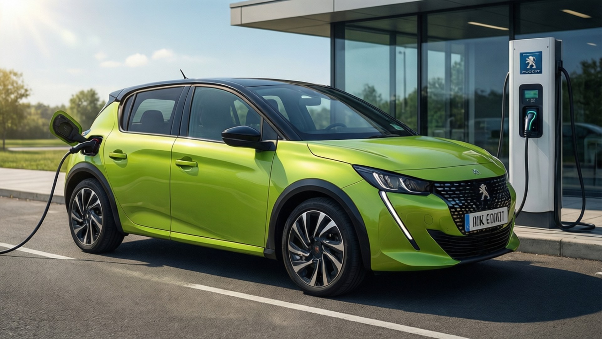 Green e-208 Charge 壁紙 — 一輛鮮亮的萊姆綠色標緻電動車在晴朗的天空下插入充電站。