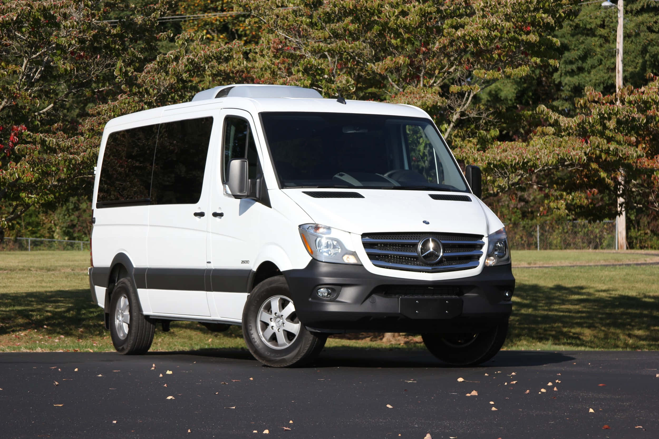 Mercedes Benz Sprinter 桌布 壁紙 — 一輛純白色的 Mercedes-Benz Sprinter 客貨車停在瀝青路上，周圍散落著秋葉，背景是紅綠相間的樹木。