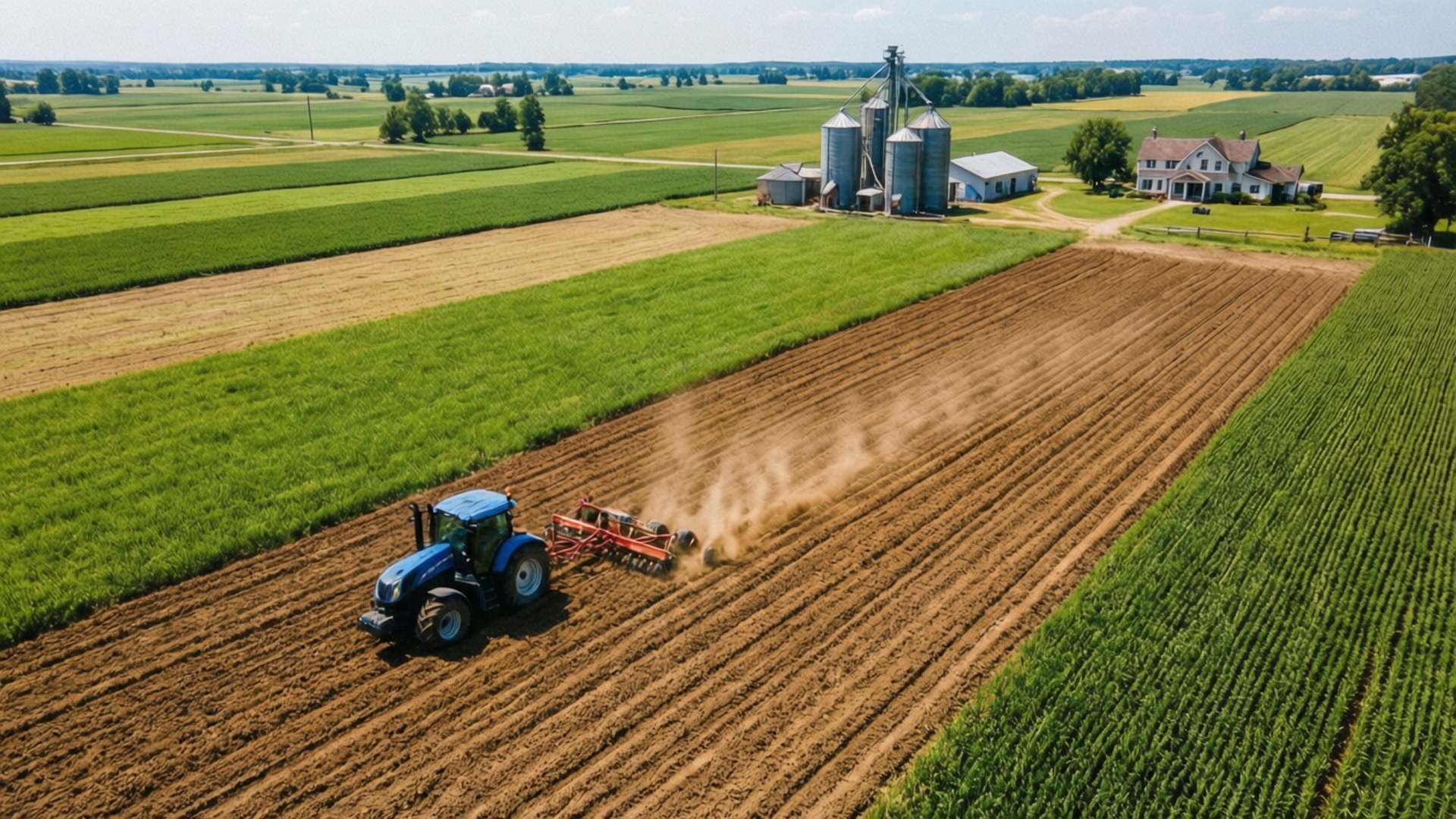 Farming Simulator 25 桌布 壁紙 — 一輛藍色拖拉機在明亮的天空下，在農舍和筒倉附近的一片廣闊綠色田野中犁出塵土飛揚的田壟。