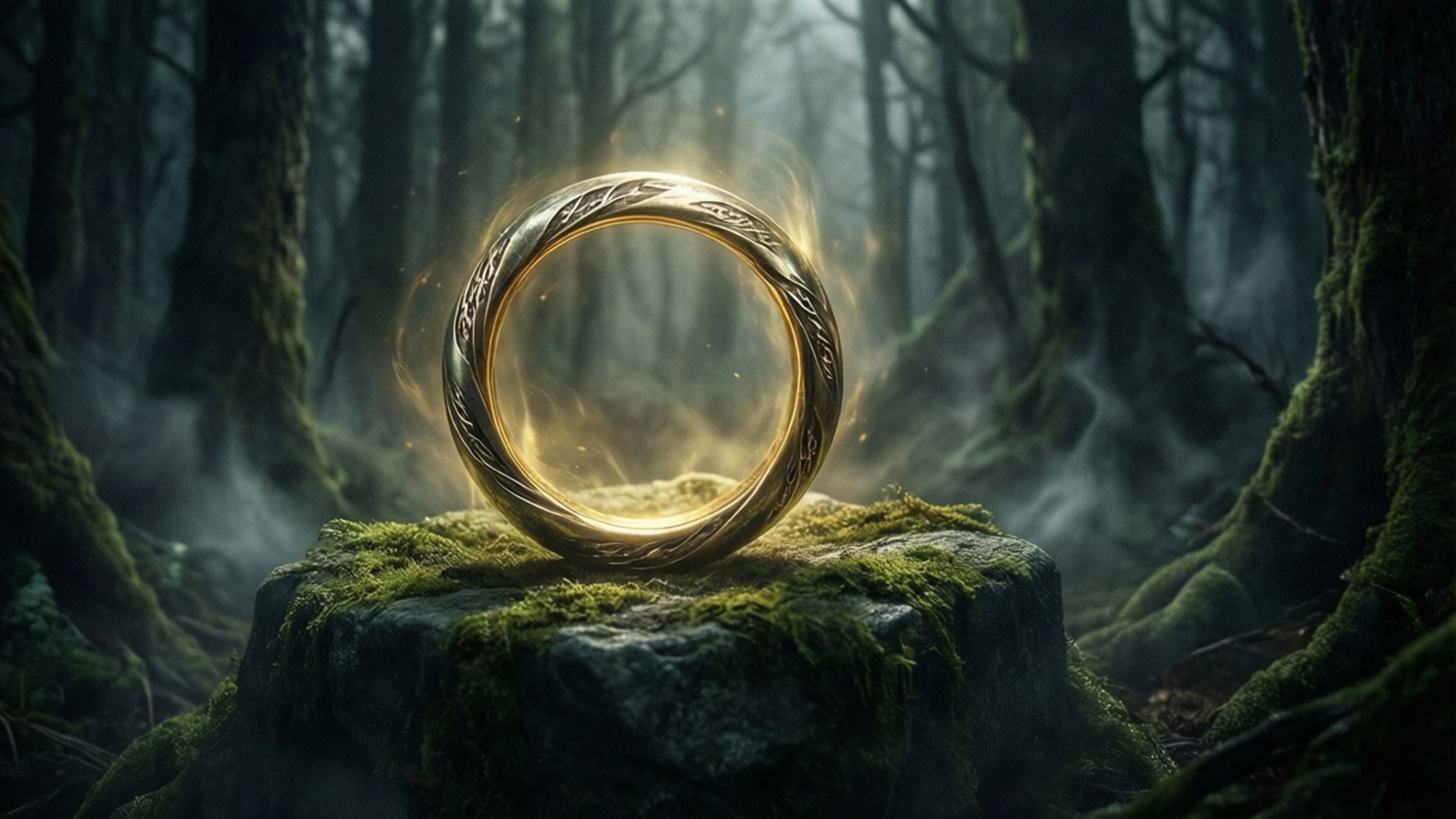 The One Ring Awaits 壁紙 — 一枚發光的金色戒指，帶有精細雕刻，擱在霧氣瀰漫的黑暗森林中的一塊長滿青苔的石頭上。