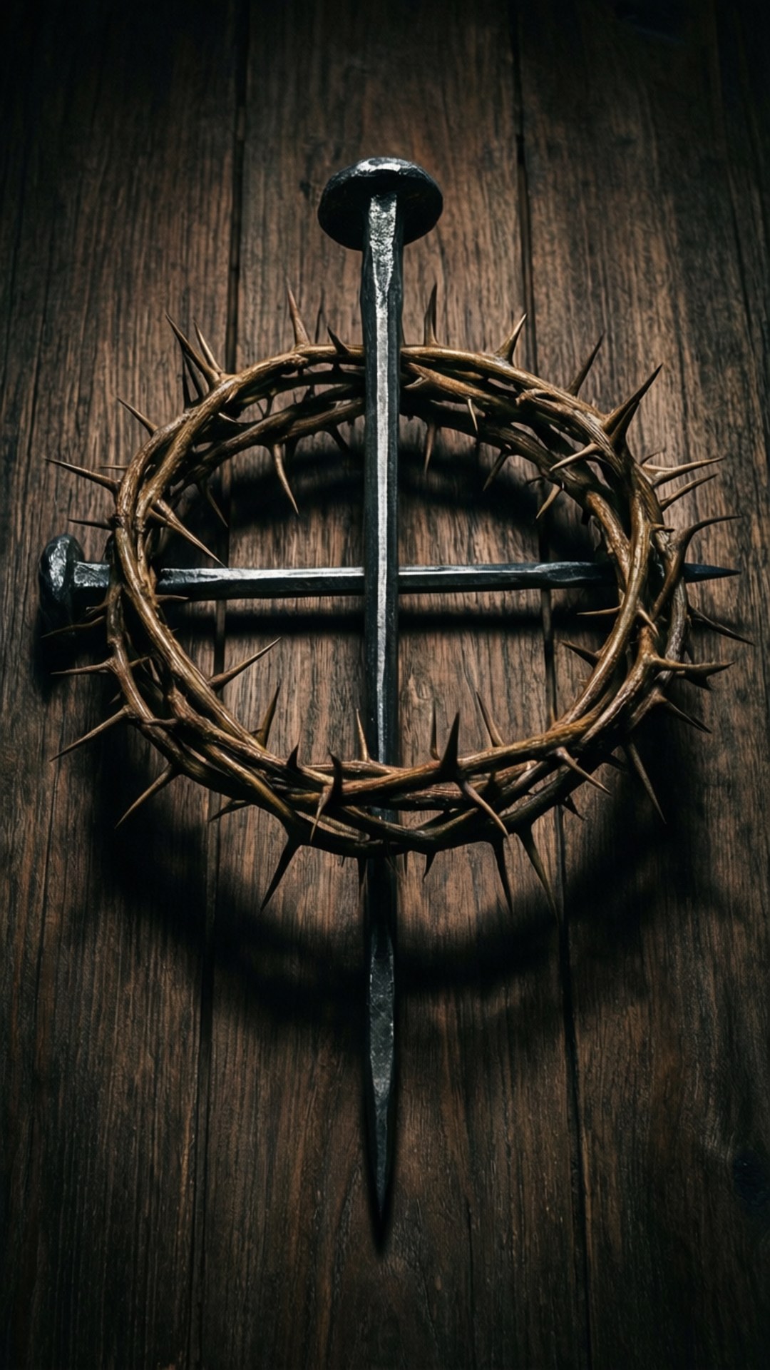 Crown and Nails Cross 壁紙 — 一枚生鏽的釘子刺穿了一個帶刺的荊棘冠冕，放在深色木板上，在戲劇性的燈光下。