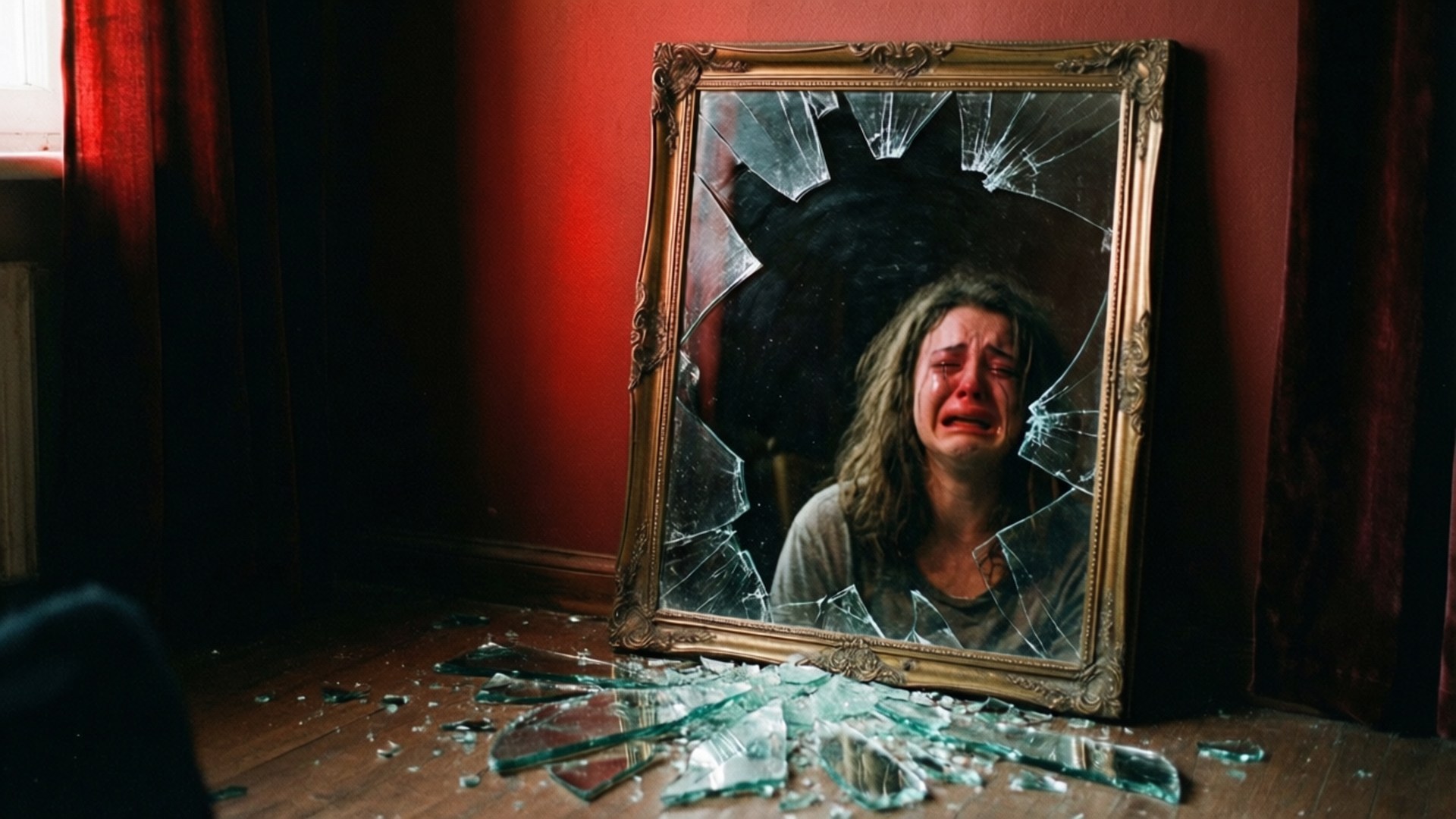 Shattered Reflections 壁紙 — 一面破碎的裝飾鏡映照出一個哭泣的女人，背景是紅牆，地上散落著碎玻璃。