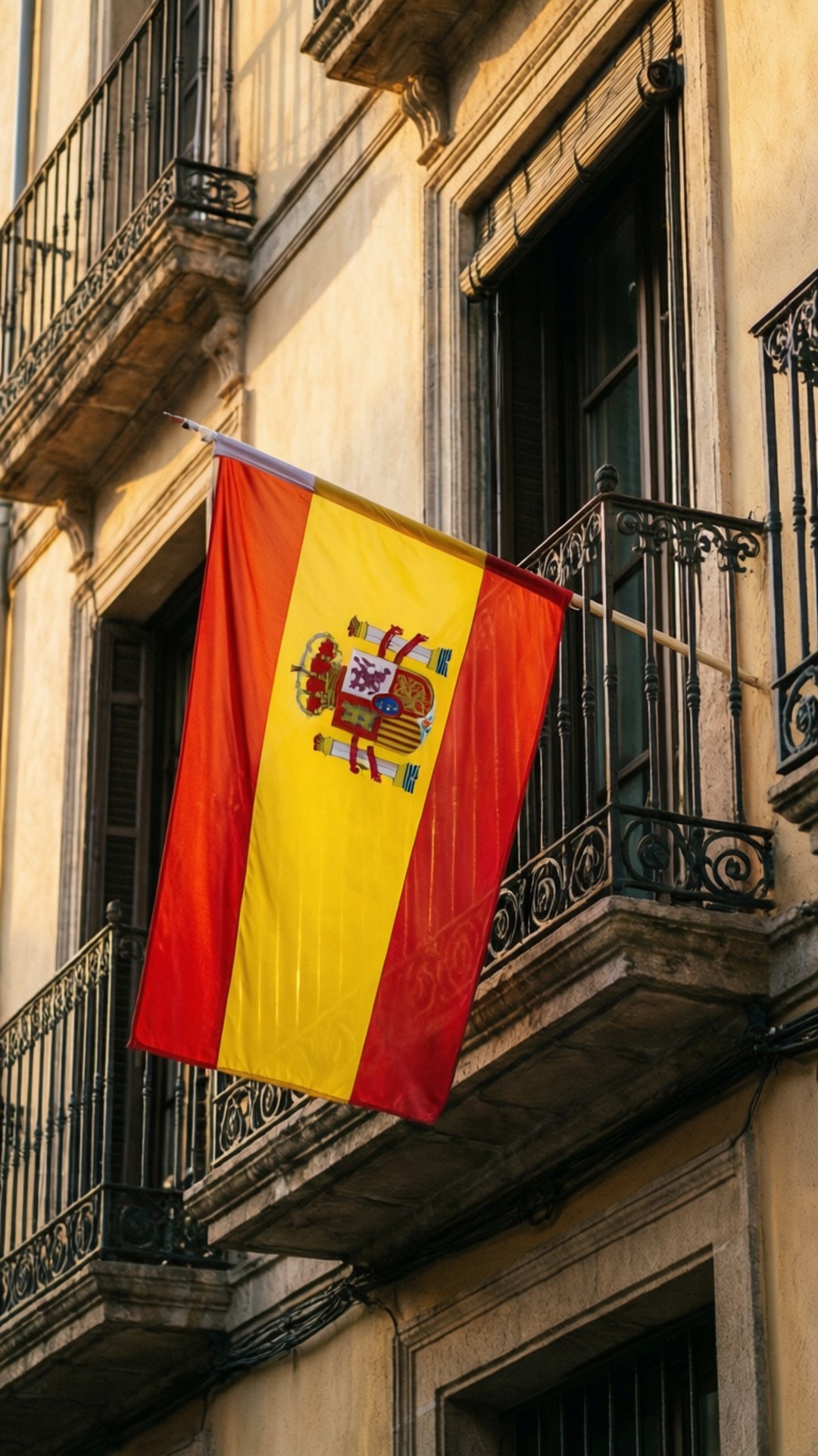 Balcony Spain Flag 壁紙 — 一面西班牙國旗掛在一個陽光普照的歷史建築的鍛鐵陽台上，建築有風化的石牆。
