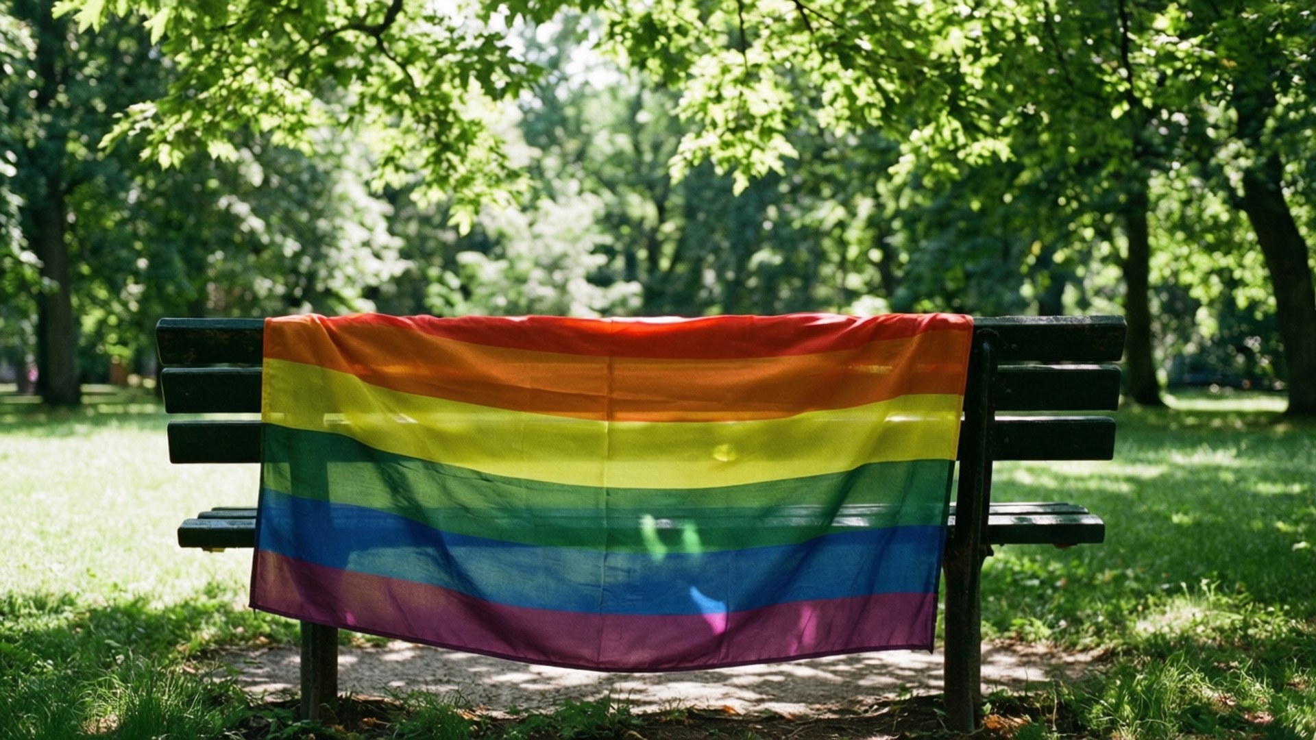 Park Bench Pride 壁紙 — 一面鮮豔的彩虹旗掛在陽光普照的公園木長椅上，周圍有斑駁的綠色樹葉。