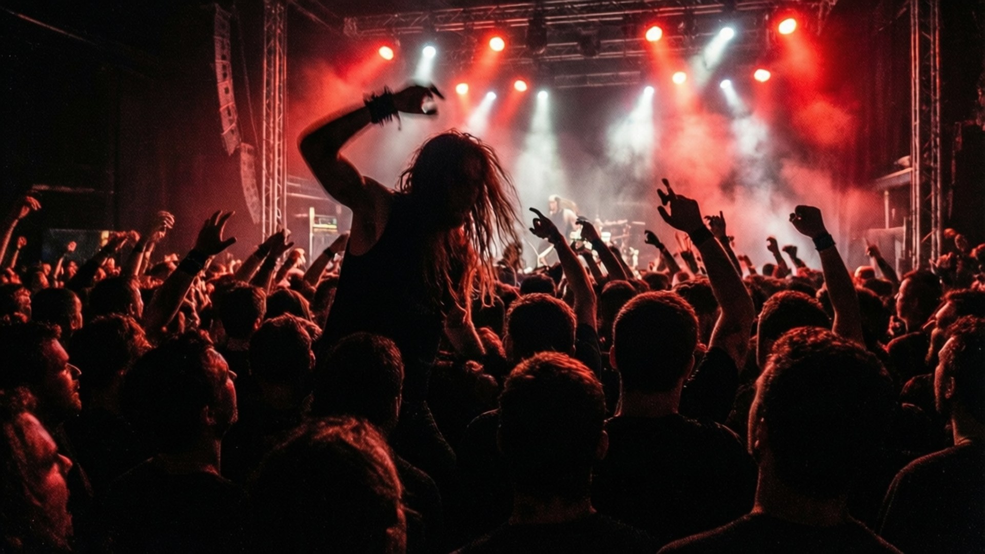 Mosh Pit Chaos 壁紙 — 一名長髮的 crowd surfer 在紅色和白色舞台燈光下被高舉在歡呼的演唱會觀眾之上。