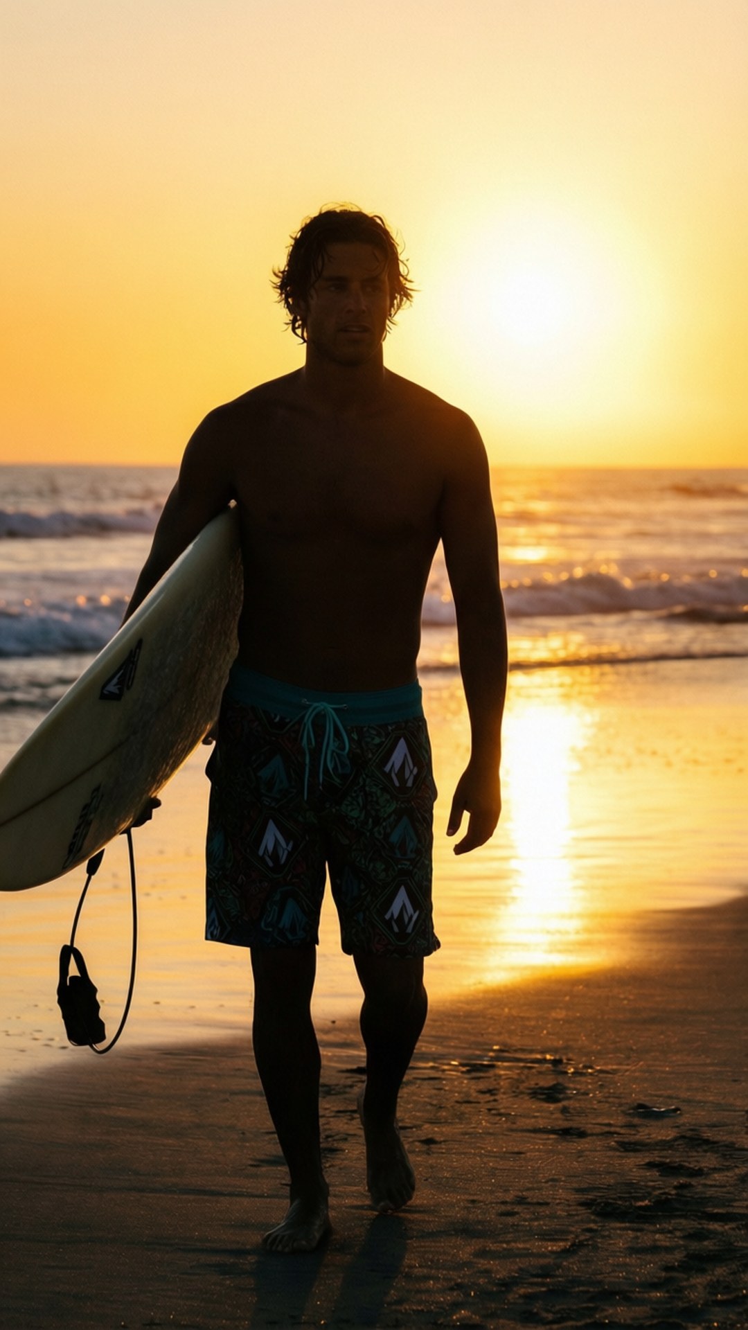 Surfer Silhouette 壁紙 — 一名衝浪者在日落時分沿著陽光明媚的海灘行走，背著他的衝浪板，身後是金色的海浪。