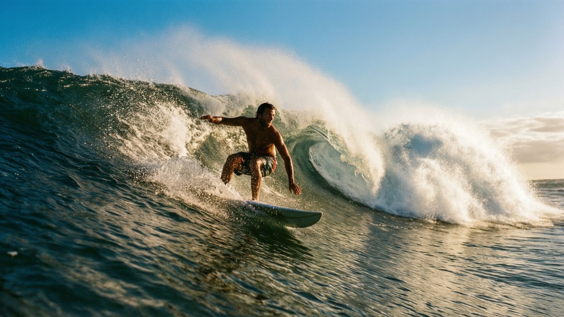 Surfer on a Wave 壁紙 — 一名衝浪者在晴朗的藍天下乘著高聳的海浪，身後有陽光照射的水花拱起。