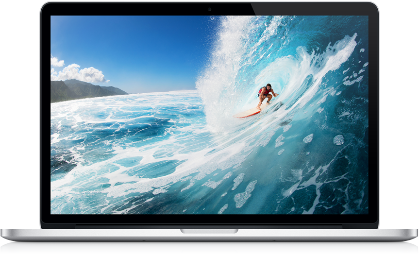 衝浪者駕馭著大海的巨浪，背景是山巒。 — Macbook Pro 壁紙
