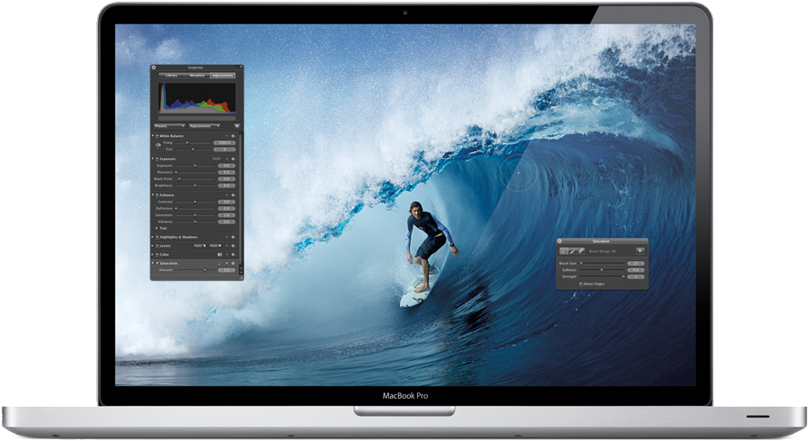 衝浪者在MacBook Pro顯示器上騎浪，可見照片編輯工具。 — Macbook Pro 壁紙
