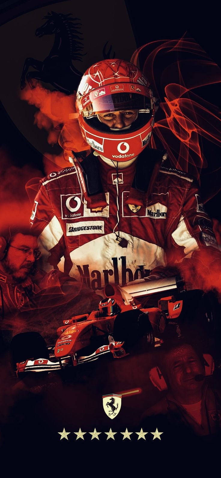 紅色裝備的F1車手站在賽車上方，帶有煙霧效果。 — F1 iPhone 壁紙 壁紙