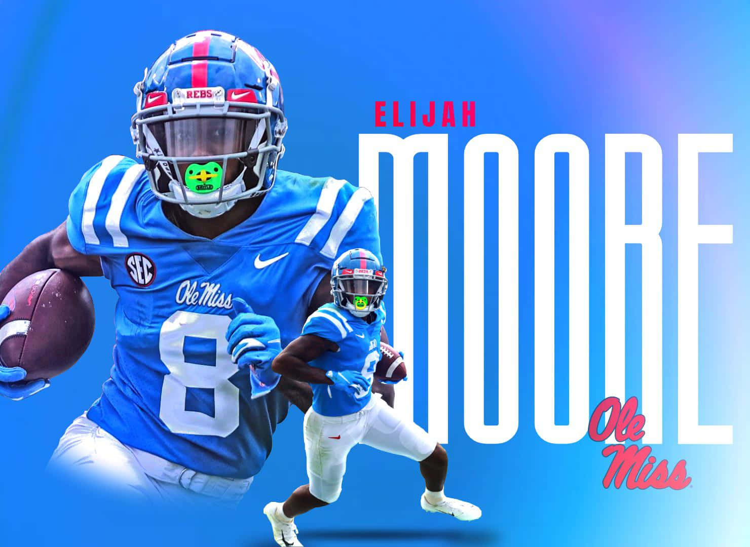  壁紙 — 一名身穿藍色 Ole Miss 裝備的動感足球員，在充滿活力的藍色漸變背景上帶球衝刺。