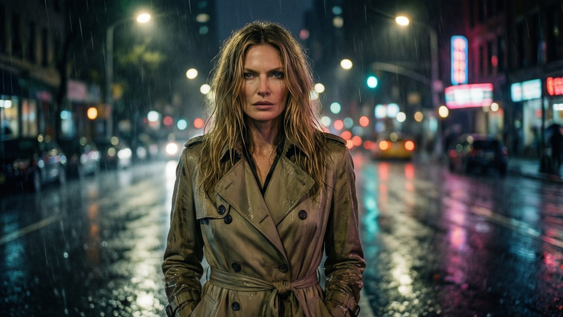 Rainy Night Noir 壁紙 — 一名身穿濕透米色風衣的女子獨自站在夜間被雨淋濕的城市街道上，背景有發光的霓虹燈招牌和模糊的車燈。