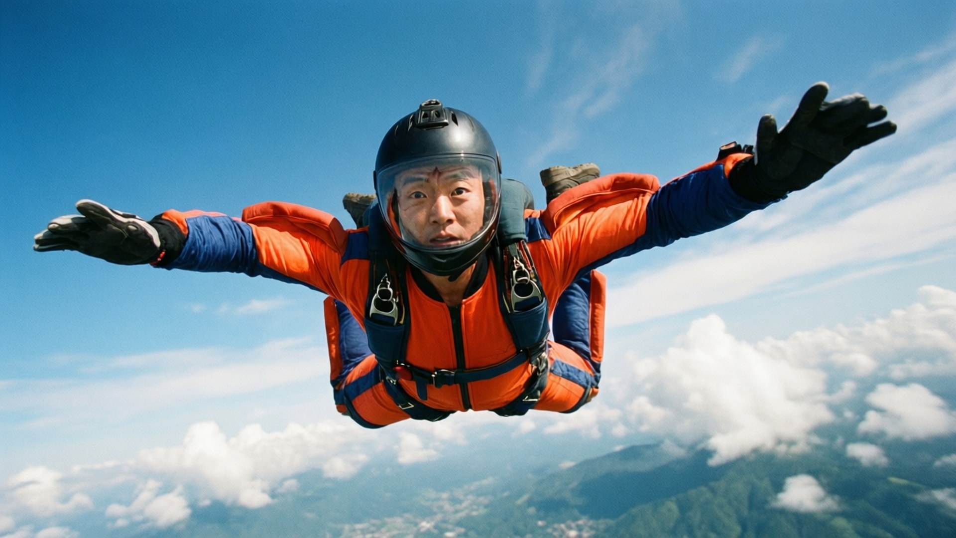 Freefall Adventure 壁紙 — 一名穿著橙色和藍色套裝的跳傘運動員在明亮的藍天下張開雙臂，下方有蓬鬆的白雲。