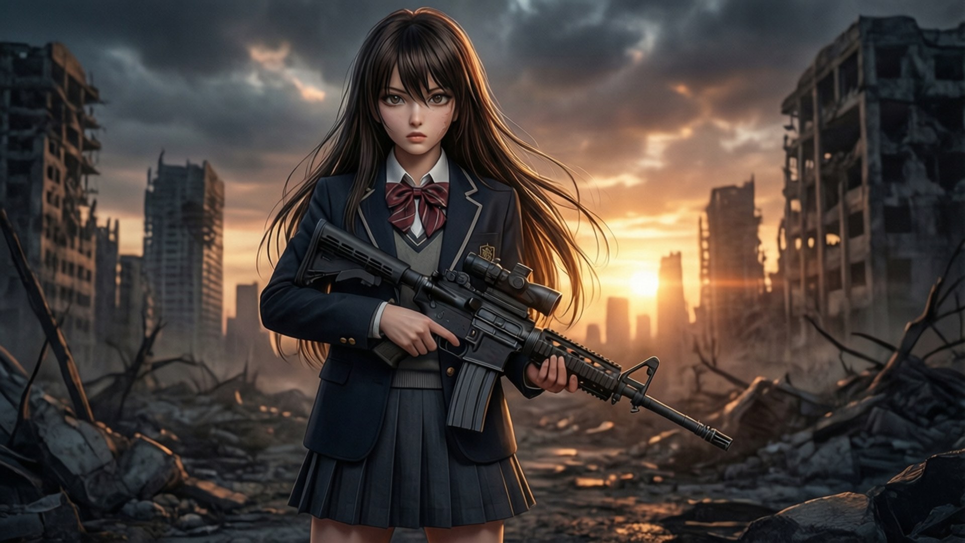 Ruined City Enju 壁紙 — 一名穿著校服的年輕女子在廢墟中手持步槍，夕陽在破碎的摩天大樓後方閃耀。