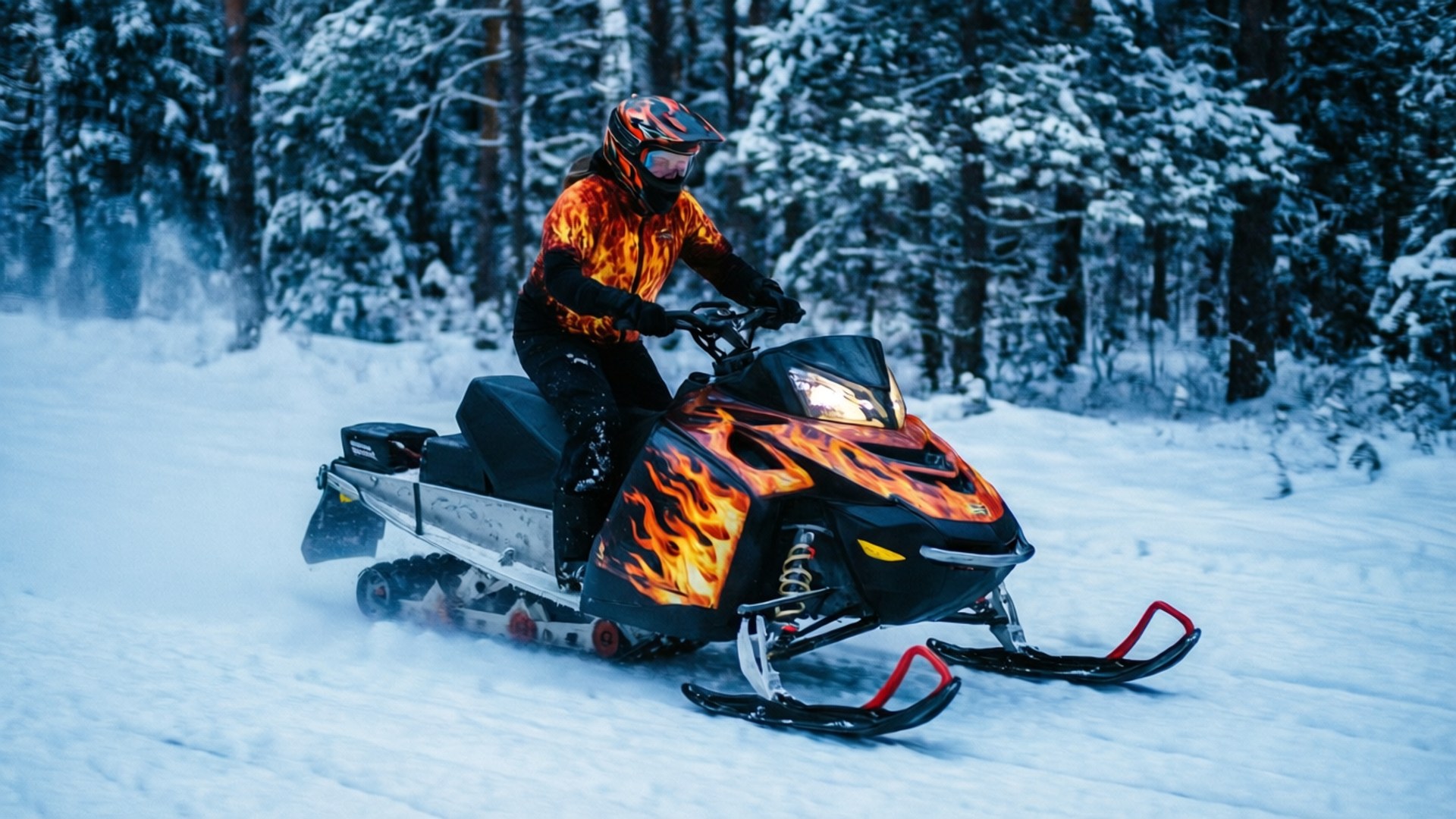 Snowmobile Blaze 壁紙 — 一名穿著火焰圖案裝備的騎士駕駛著火焰裝飾的雪地摩托車穿過雪地森林，身後雪花飛濺。