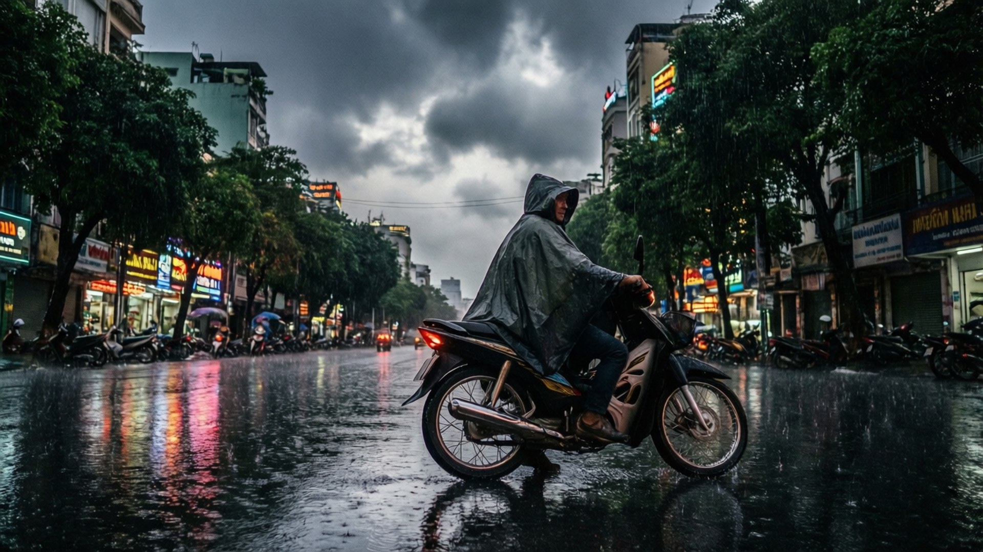 Monsoon Ride 壁紙 — 一名穿著深色雨披的摩托車手在暴雨雲下騎行在濕漉漉的城市街道上，霓虹燈光反射在路面上。