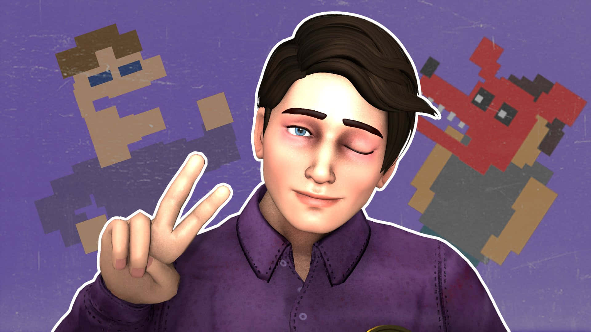  壁紙 — 一名穿著紫色襯衫的年輕男子在帶有像素化Minecraft角色的紫色背景前做出和平手勢。