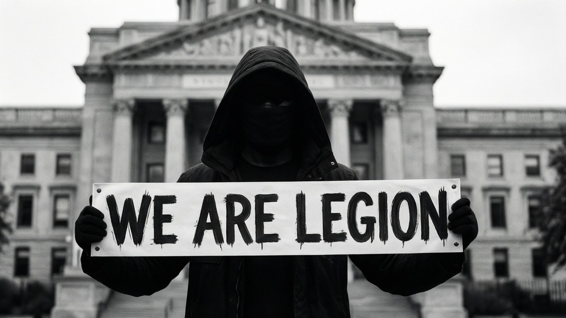 We Are Legion 壁紙 — 一名戴帽的抗議者在宏偉的法院前舉起寫著 'WE ARE LEGION' 的標語牌，以鮮明黑白呈現。