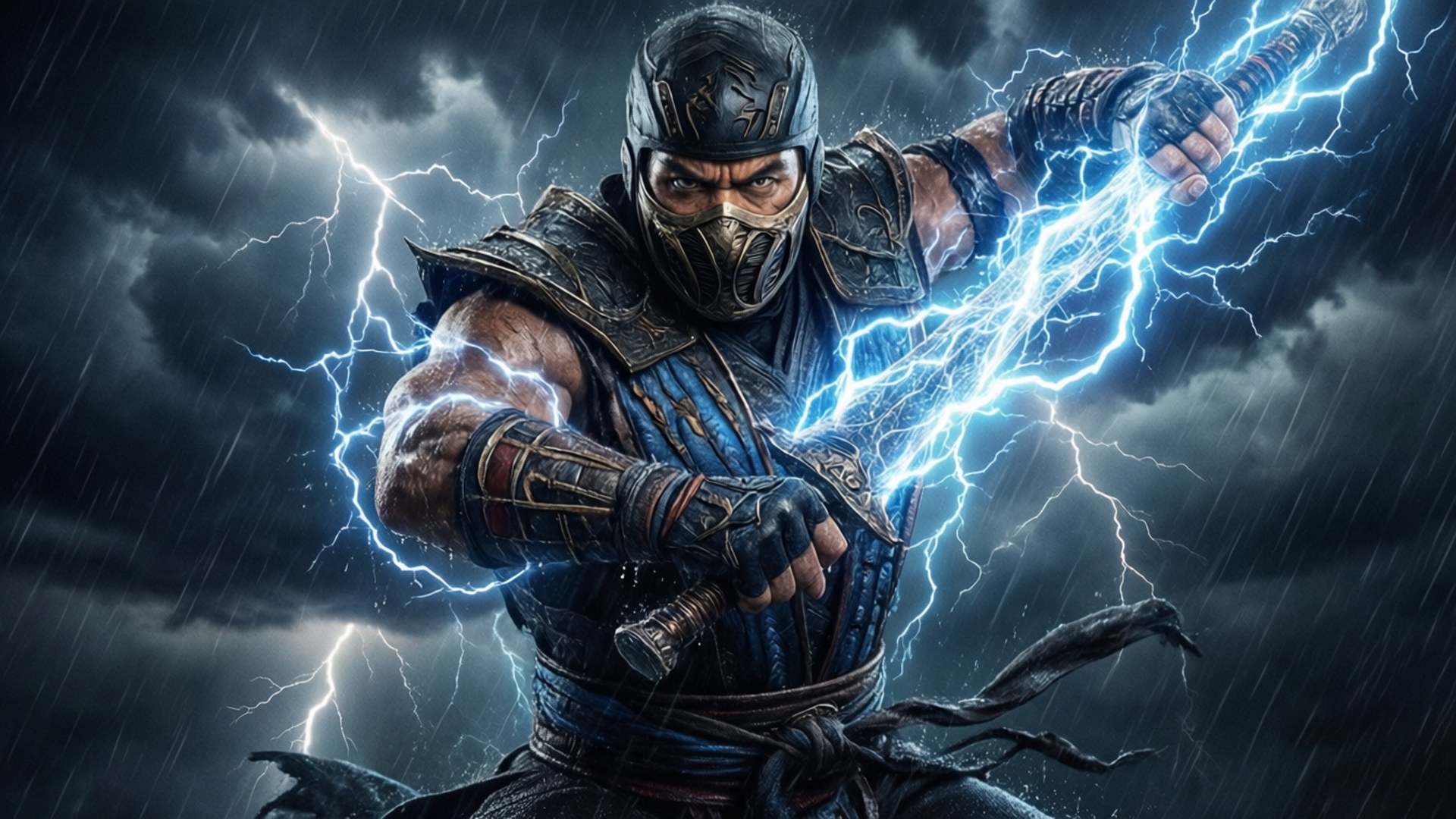 Mortal Kombat X 桌布 壁紙 — 一名戴面具的戰士透過他的劍將電能引導至閃電交加的暴風雨天空。