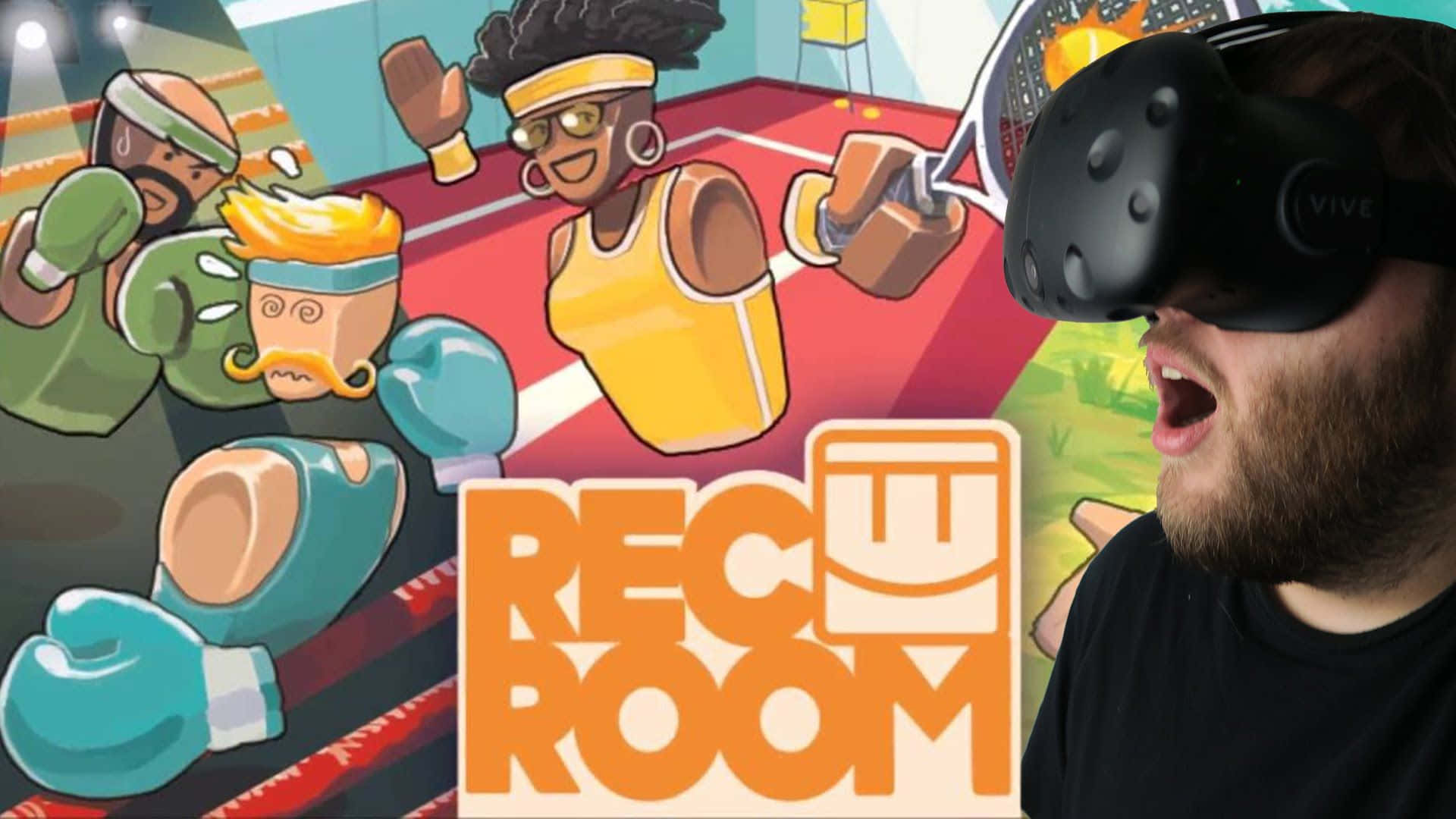  壁紙 — 一名戴著VR頭戴式裝置的男子對一款名為「Rec Room」、色彩繽紛的卡通拳擊遊戲（內有動畫拳手）表現得十分興奮。