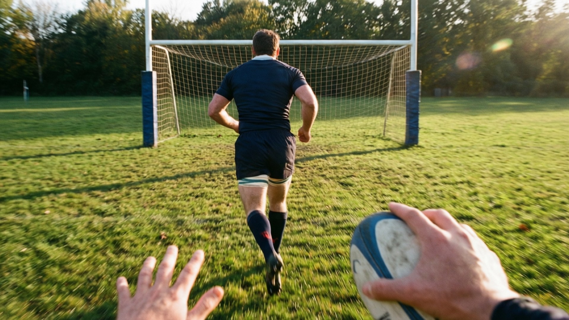 Player's Eye View 壁紙 — 一名橄欖球運動員跑向球門，而第一人稱視角拿著球並伸出手。