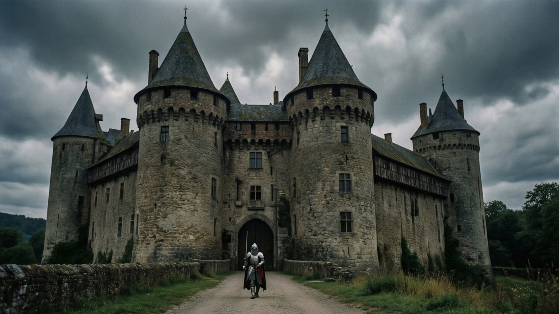 Castle Under Grey Skies 壁紙 — 一名孤獨的騎士騎著馬，在陰沉的灰色天空下，接近一座中世紀城堡的雄偉石塔。