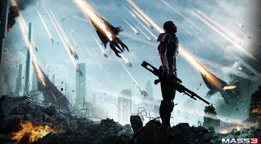 Mass Effect Trilogy 桌布 壁紙 — 一名孤獨的士兵站在瓦礫中，戰鬥機在戰火摧殘的城市天空中劃過，一片火海混亂。